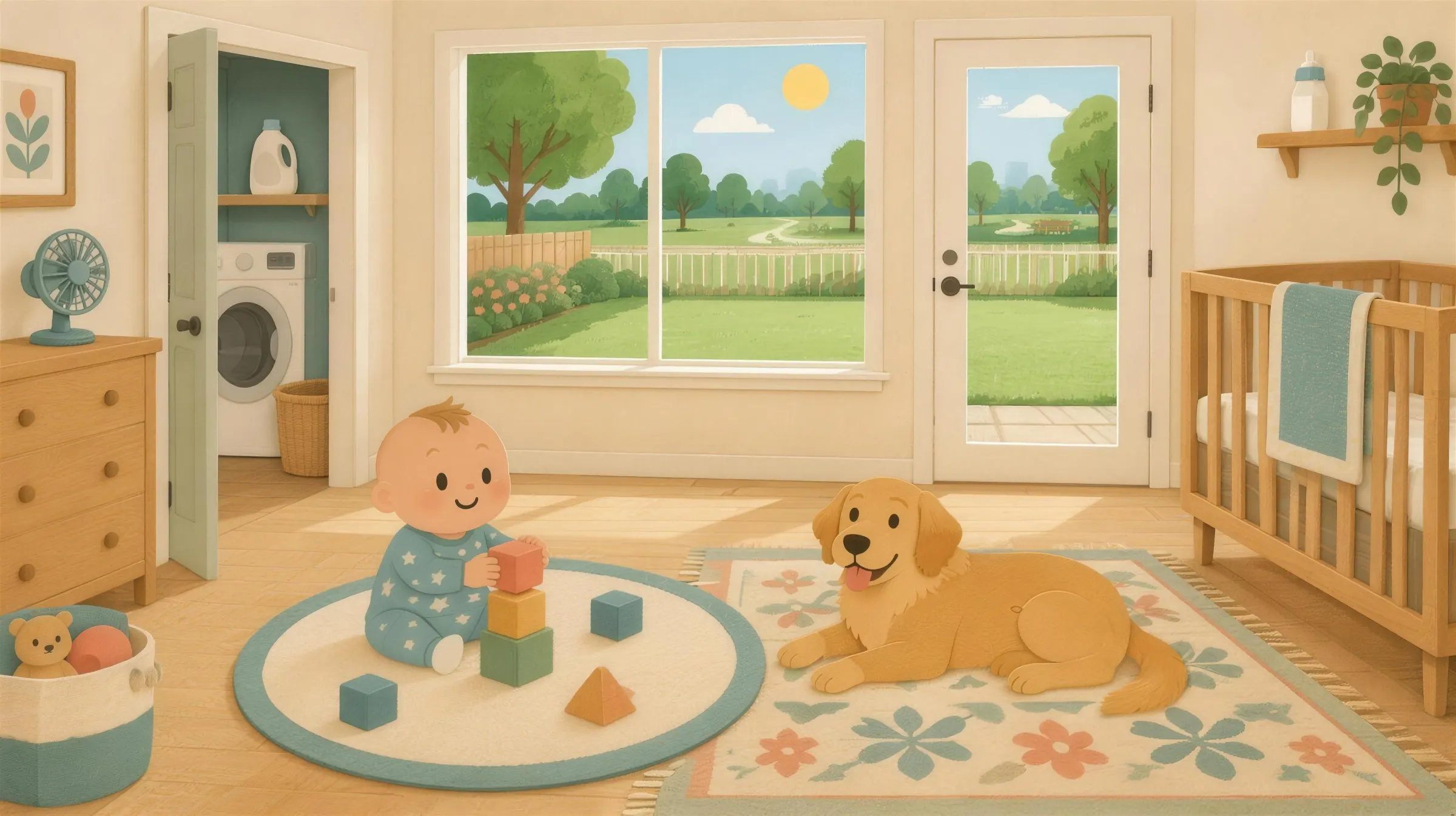 A cartoon nursery: a baby stacking blocks on a play mat, a golden dog on a rug, a washing machine in the laundry nook, a fan on the dresser, a milk bottle on a shelf, and a window onto the backyard and the park.