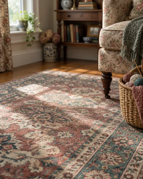 A patterned wool rug in a grandmother's living room