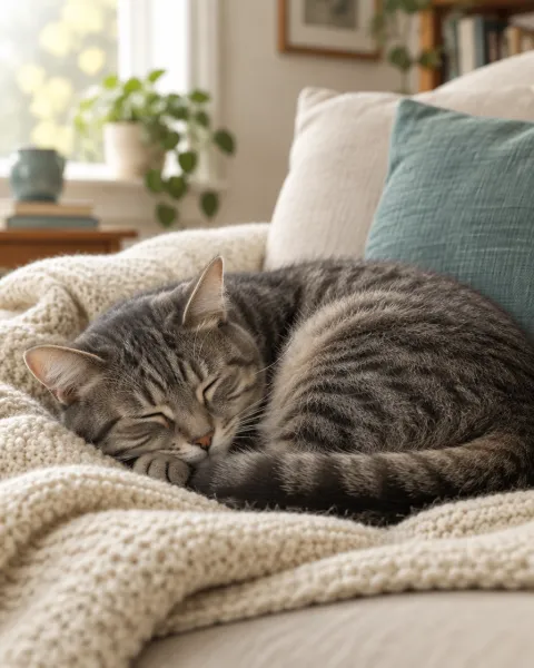 A grey tabby cat asleep on a knitted blanket on the sofa