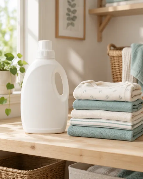 A plain white bottle of laundry detergent beside a stack of folded baby clothes