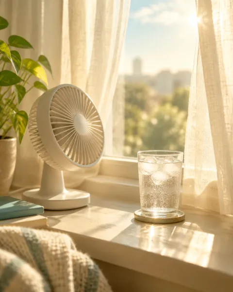 A small fan and a glass of iced water on a sunny windowsill
