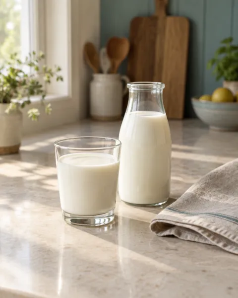 A glass of milk and a bottle of milk on a kitchen counter