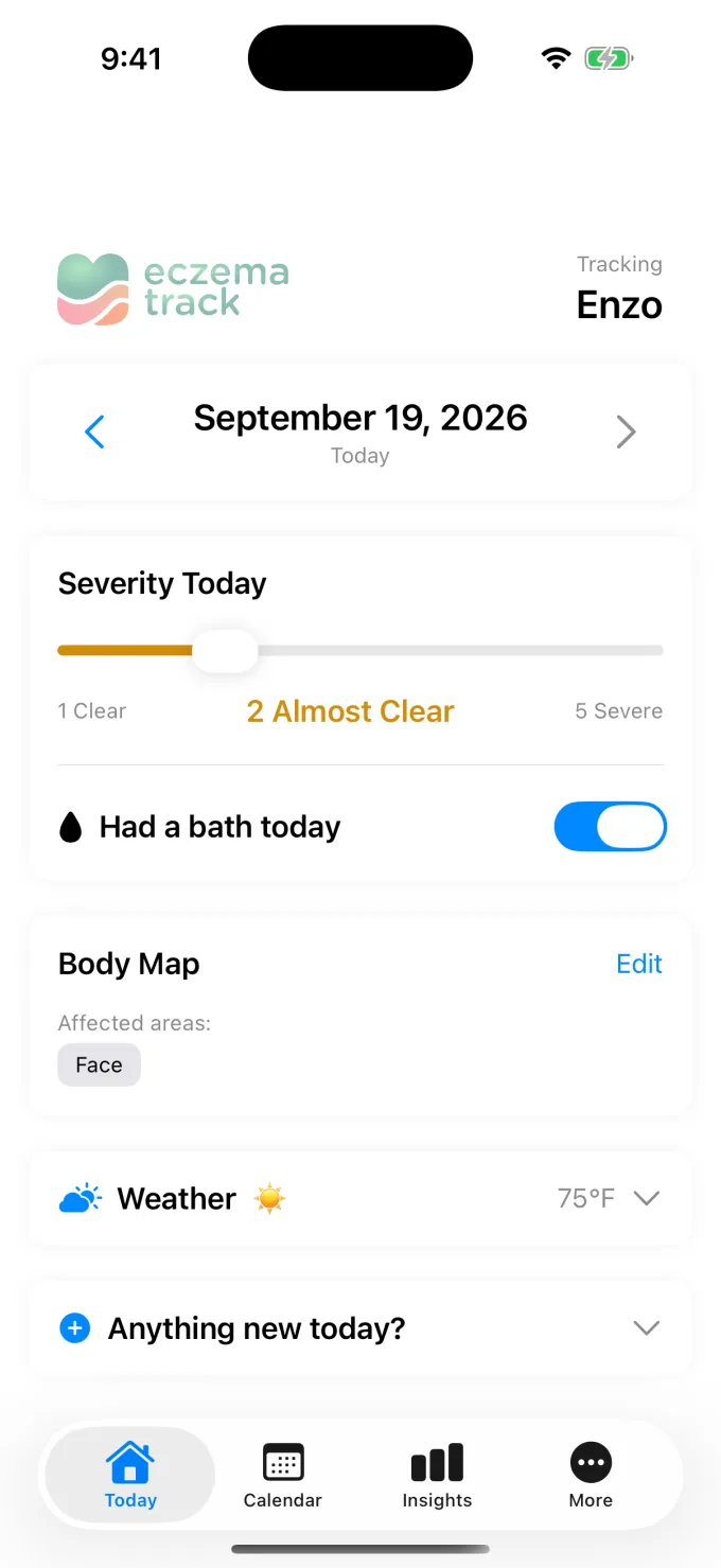 Today screen: skin severity slider, bath toggle, body-map summary, weather, and a prompt to log the day's details