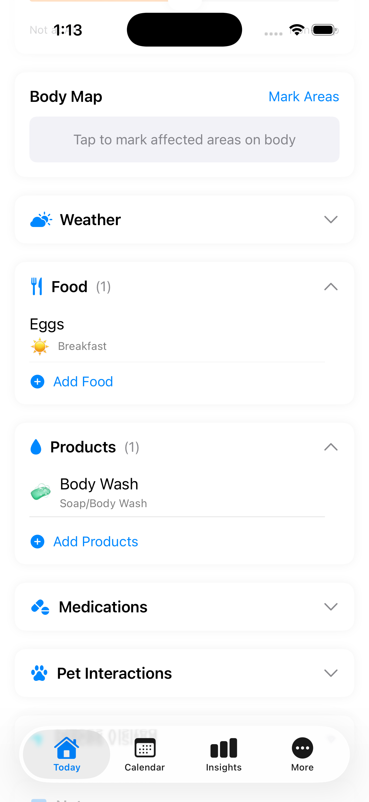 Detailed tracking with food, products, pets, and weather context